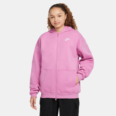 نايكي سبورتسوير كلوب فليس هودي اوفرسايزد بسحاب كامل للأطفال الكبار (للبنات) وردي